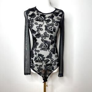 Whimsigoth Dark Fairy Sheer Mesh Embroidered Floral Coquette Goth Bodysuit Top S